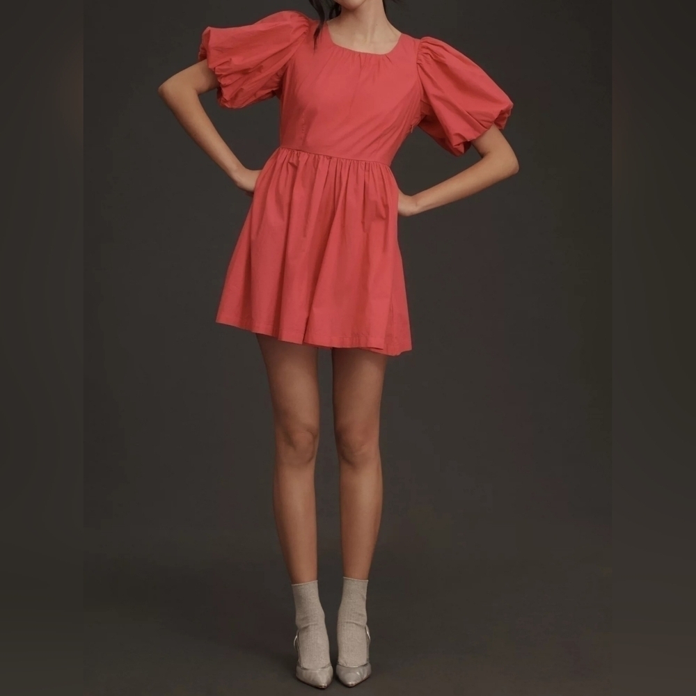 By Anthropologie Women's Puff-Sleeve Romper w Pockets, Fuchsia Hot Pink